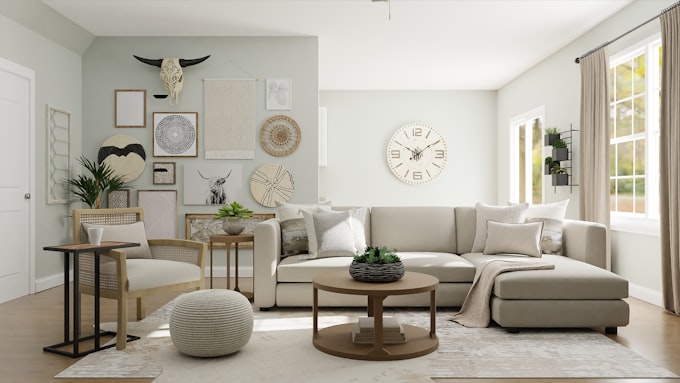 Botanical mural wall in a styled European living room